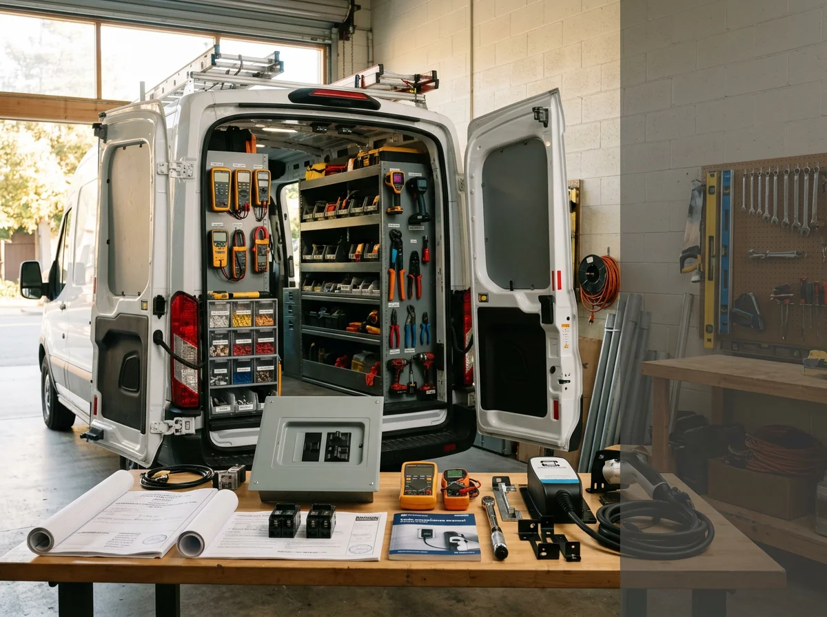 Electrical service truck and tools ready for residential panel upgrades and EV charging installations.