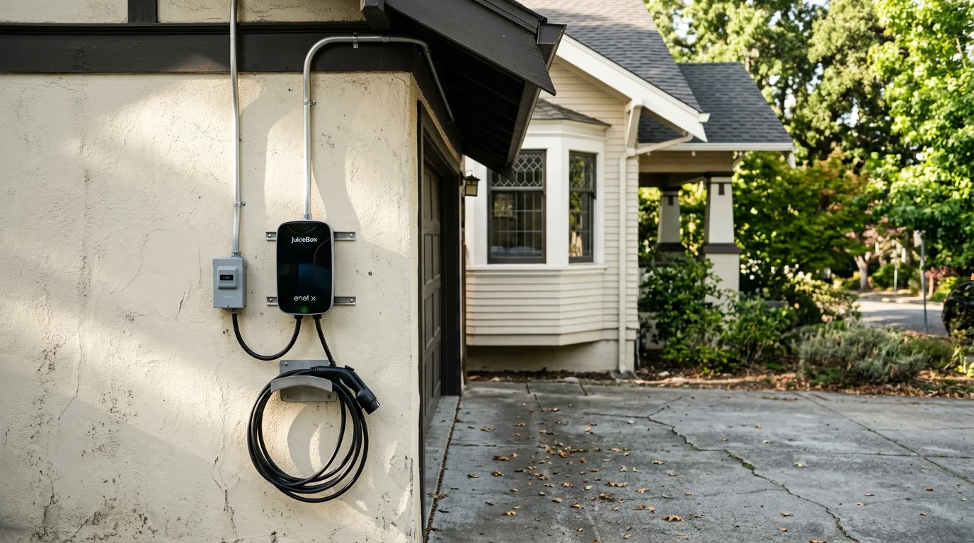 EV charging station installed on the exterior wall of a residential home