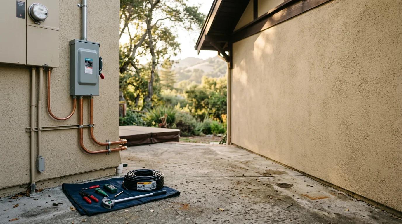 Electrician installing dedicated wiring for a residential hot tub