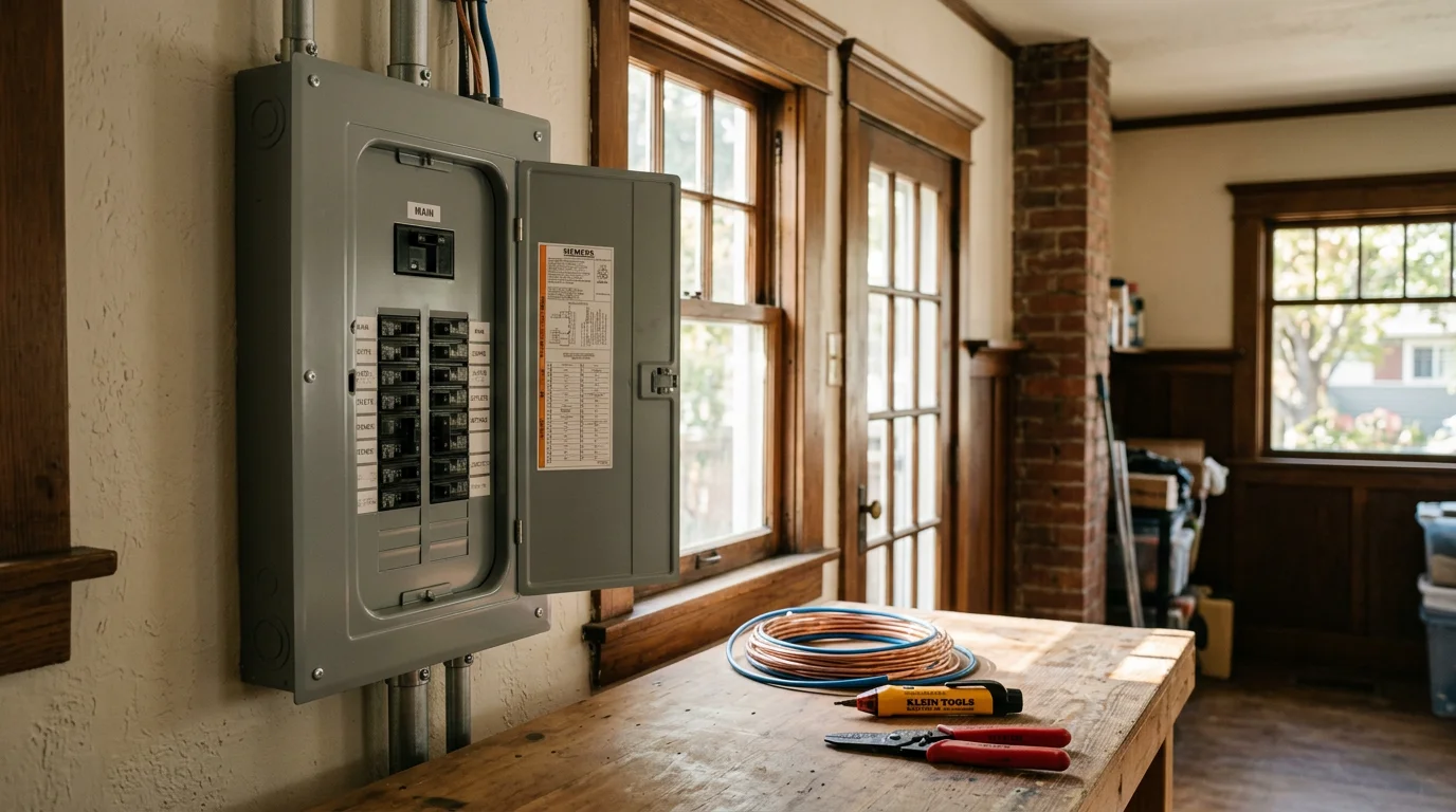 Electrician installing a new electrical panel in a residential home