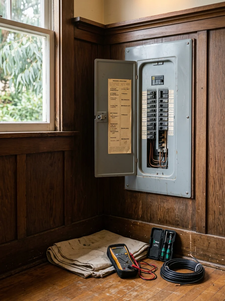 Electrician inspecting a residential electrical panel in an Albany home