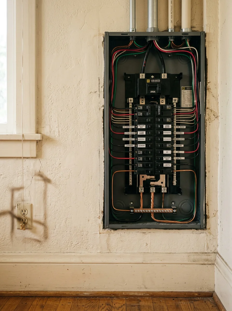 Close-up of a new circuit breaker panel mounted on the interior wall of a 1920s Berkeley bungalow, with labeled breakers and a grounding bar installed.