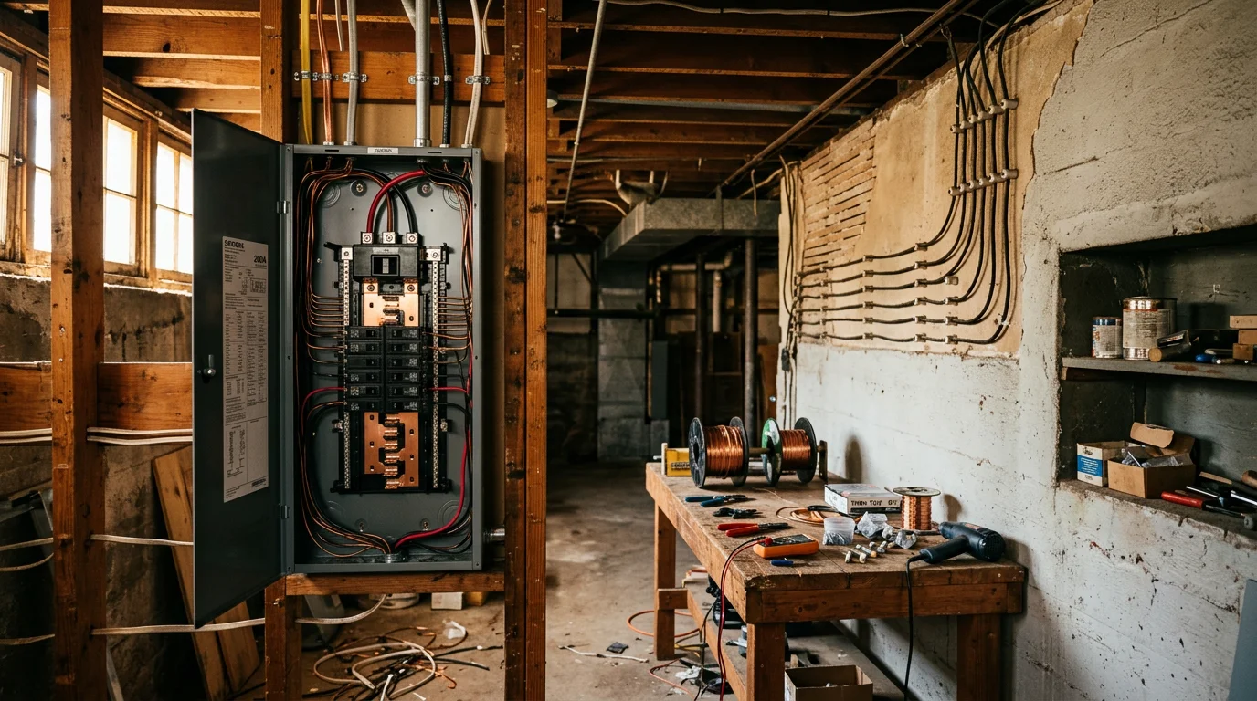 Electrician installing a new 200-amp main panel in the basement of a pre-war Craftsman home in Berkeley, CA, with original knob-and-tube wiring visible in the background.
