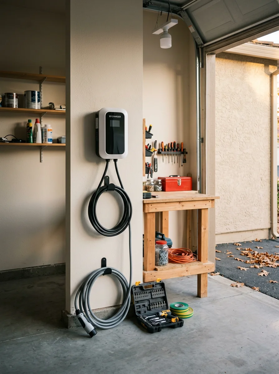 Level 2 EV charger mounted on a garage wall in Castro Valley, CA
