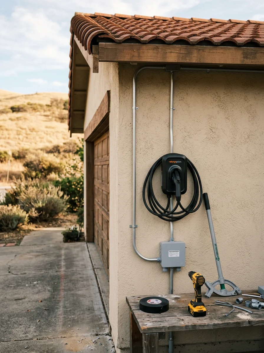 Installed Level 2 EV charger mounted on a garage wall in Hayward, CA