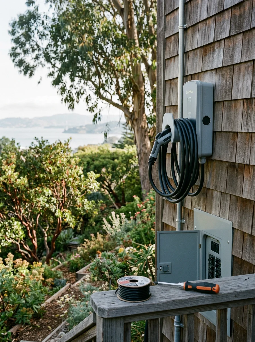 EV charging station mounted on the exterior wall of a Kensington hillside house