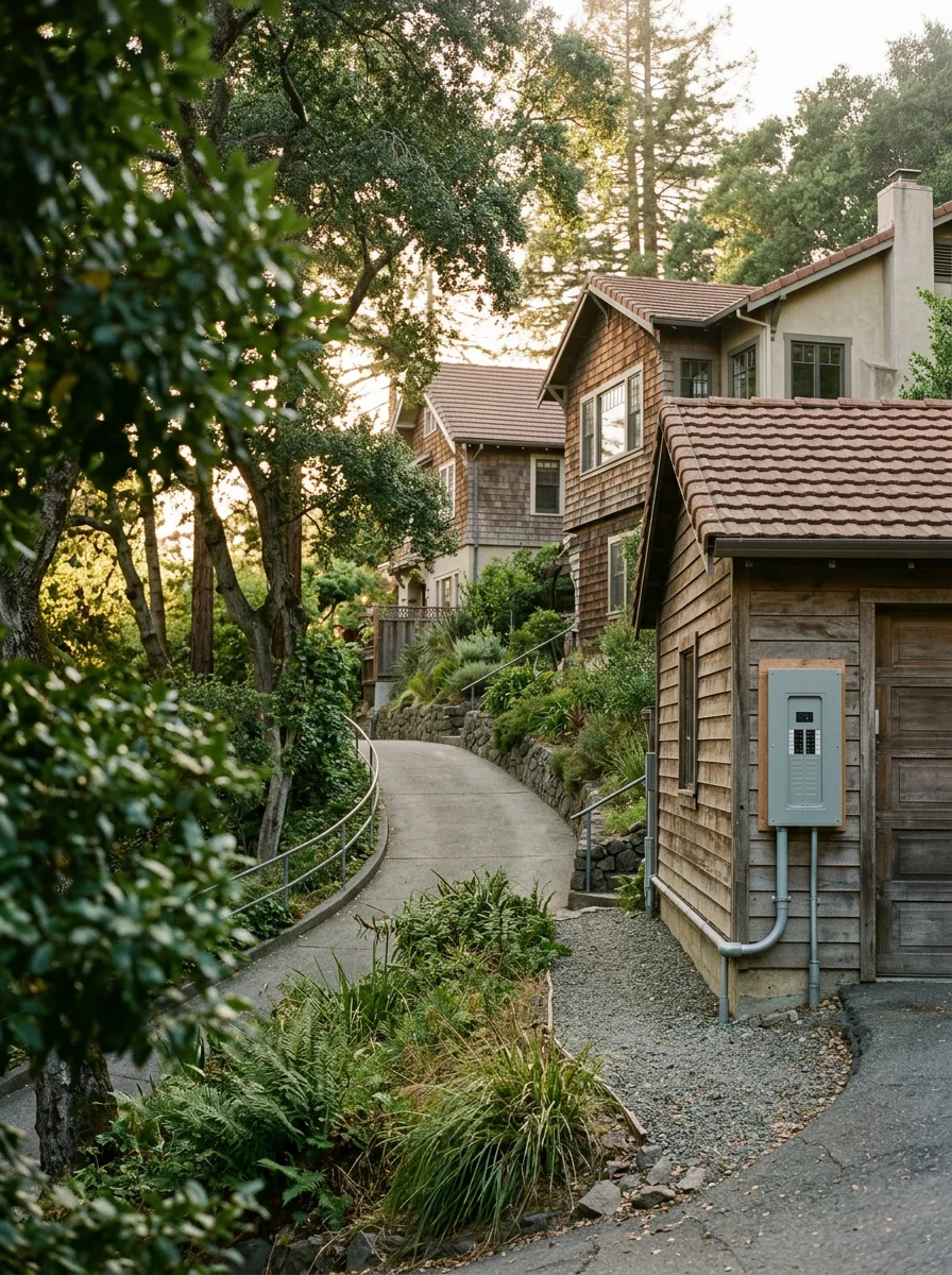 New subpanel installed in a detached garage on a steep Montclair hillside property in Oakland, with conduit running along the exterior wall toward the main house.