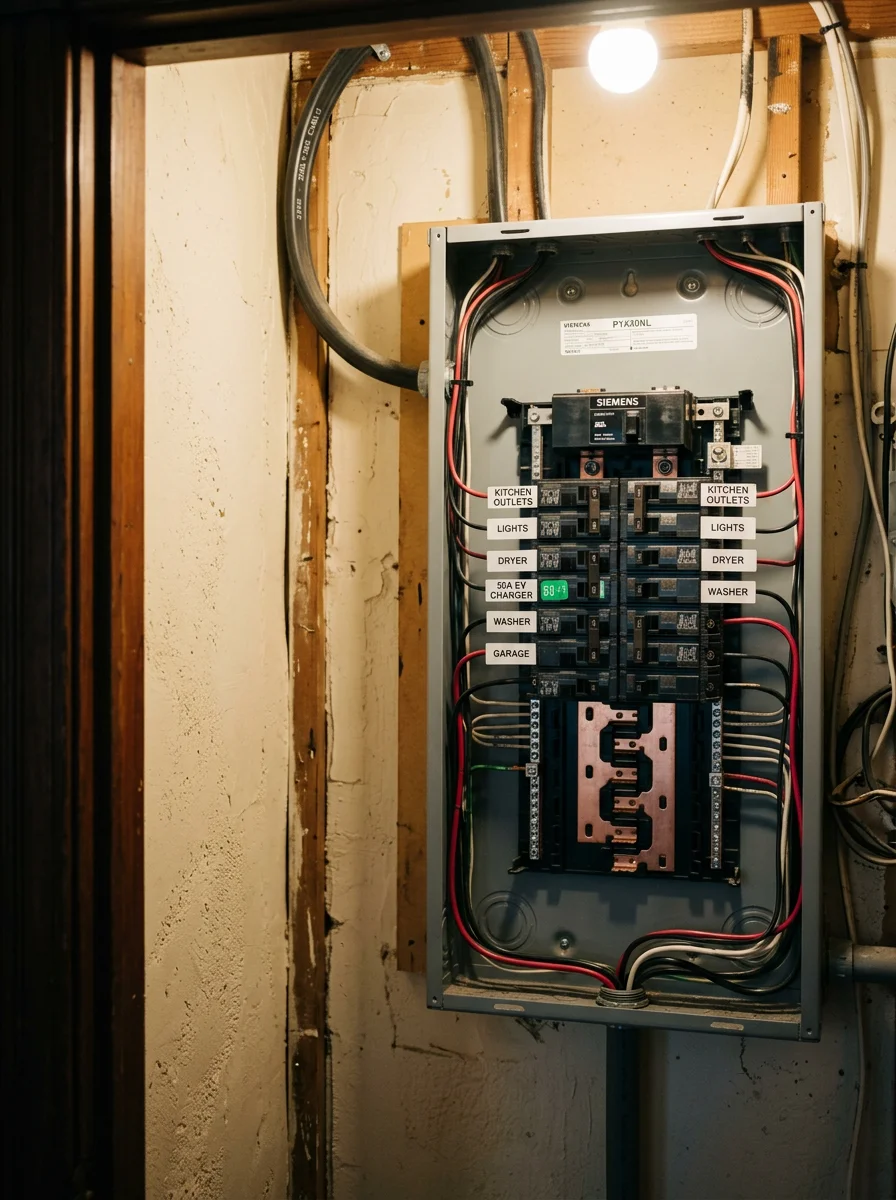 New 200-amp panel installed in the utility closet of a Noe Valley Victorian home in San Francisco, with a dedicated EV charger circuit breaker labeled and ready for connection.