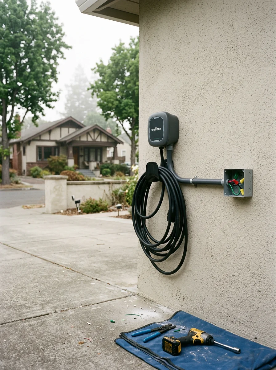 EV charger installed on a garage wall in a San Leandro residential driveway