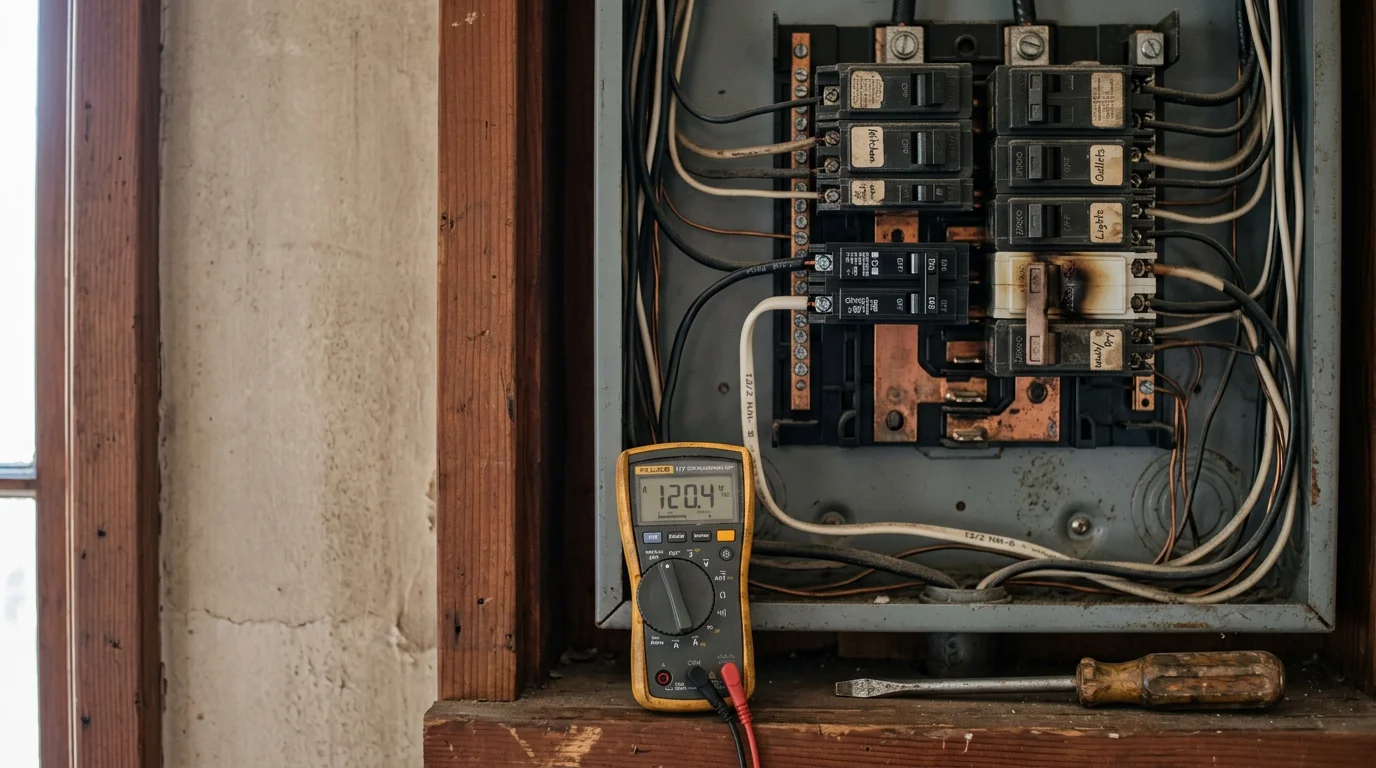 An electrician replacing a worn circuit breaker inside a residential electrical panel in Berkeley, CA. The panel is open, showing labeled breaker slots with one breaker being swapped out.