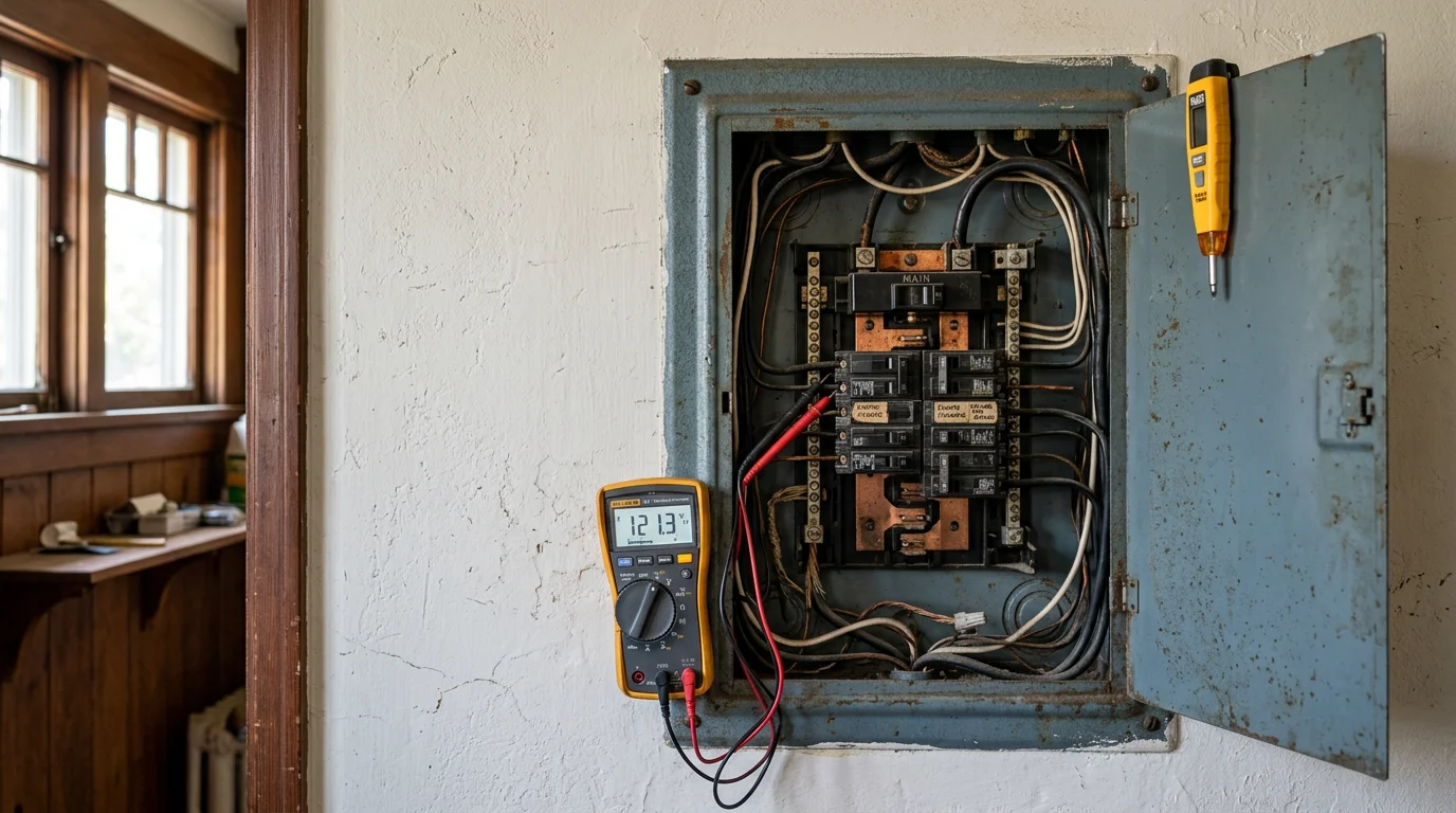 An electrician inspecting a residential electrical panel inside an older Berkeley, CA home, tracing a circuit fault during an electrical troubleshooting service call.