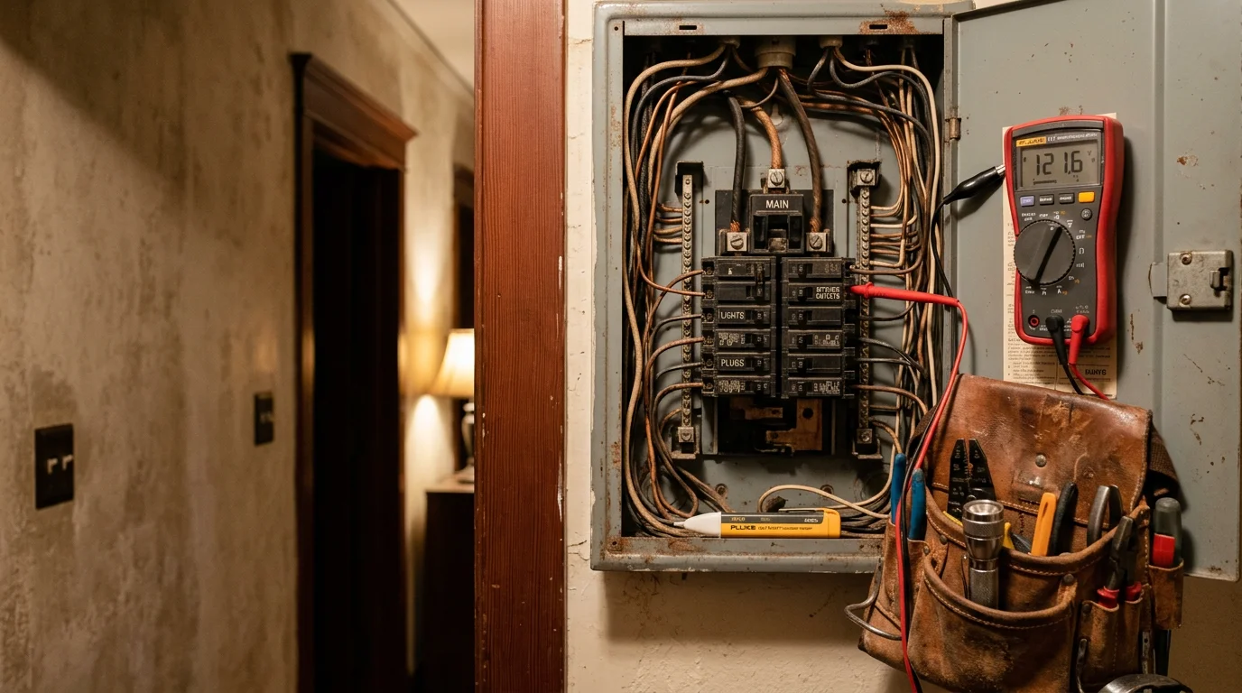An electrician inspecting a wiring fault inside an open electrical panel in a Berkeley, CA residential home. The image shows hands-on diagnostic work on an older home's electrical system.
