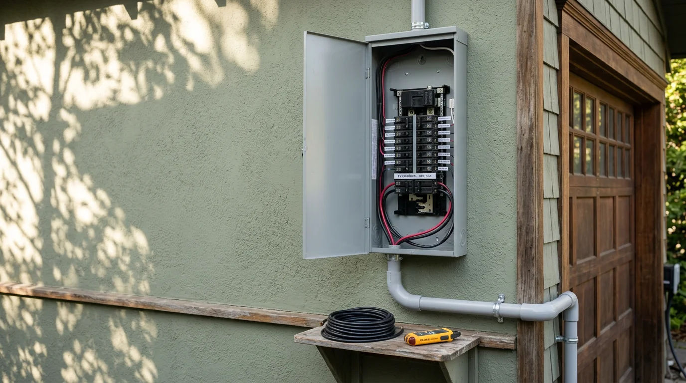 A licensed electrician installing a dedicated 240-volt conduit run along the interior wall of a residential garage in Berkeley, CA, connecting to a circuit breaker panel for EV charger wiring.