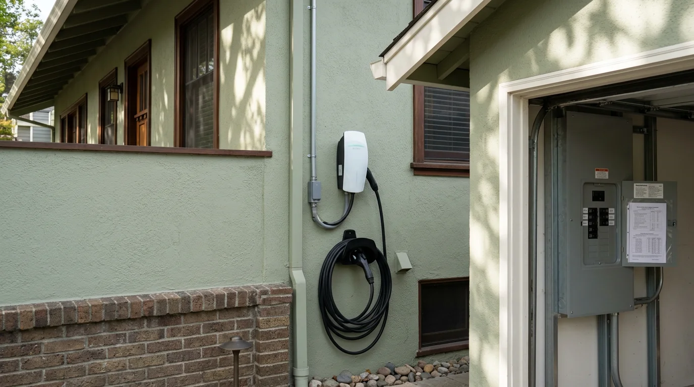 A hard-wired Level 2 EV charging station mounted on the interior wall of a residential garage in Berkeley, CA. A dedicated circuit cable runs neatly along the wall from the electrical panel to the charger unit.