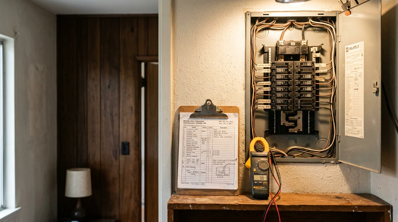 An electrician inspecting a residential electrical panel during an EV charging system assessment at a Berkeley, CA home. The panel is open and the electrician is reviewing breaker space and service capacity before a Level 2 charger circuit is added.