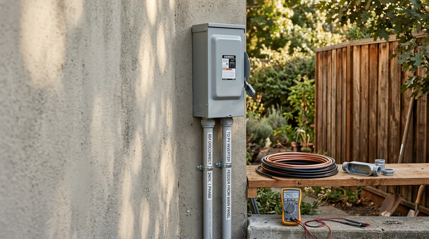 A licensed electrician installs a GFCI disconnect panel on the exterior wall of a Berkeley, CA home, with conduit running to a newly placed backyard hot tub. The setup shows proper clearance from the water's edge and a weatherproof outdoor enclosure.