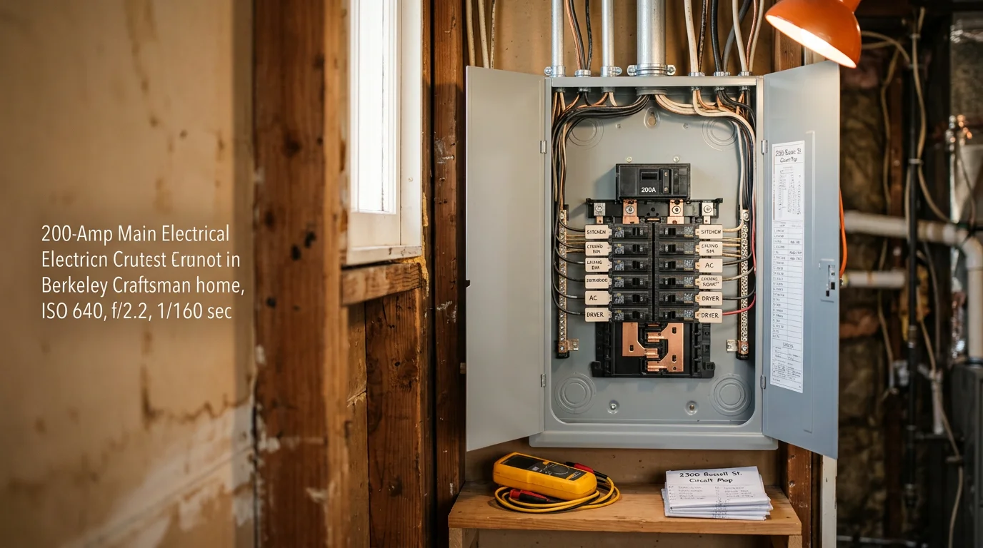 A newly installed 200-amp main electrical panel mounted on the exterior wall of an older Berkeley, CA home. The panel cover is open, showing neatly organized circuit breakers and clean wiring connections.