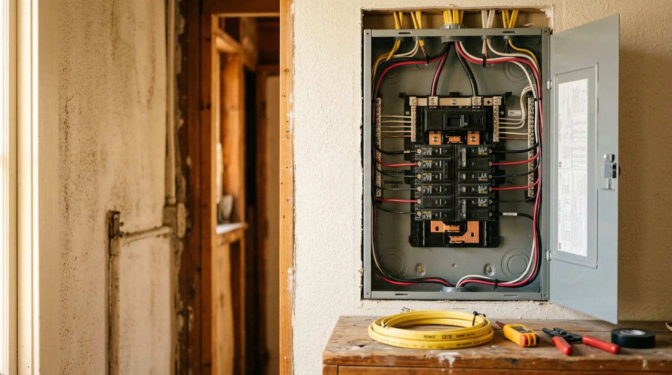 An electrician running new copper wiring and installing a dedicated circuit breaker inside a residential electrical panel in a Berkeley, CA home. The panel is mounted on an interior wall with neatly organized wiring visible.