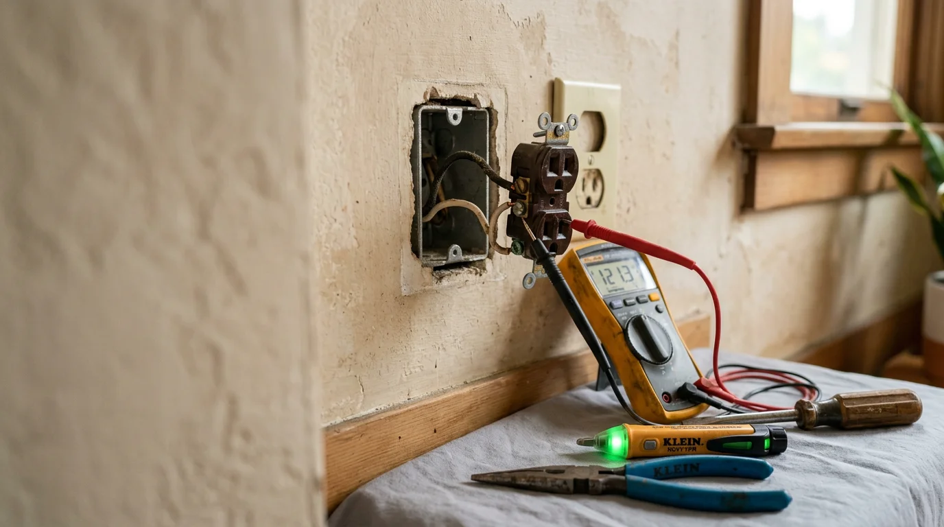 An electrician replacing a worn electrical outlet on a plaster wall inside an older Berkeley, CA home. The wall plate is removed and the wiring connections are visible at the receptacle box.