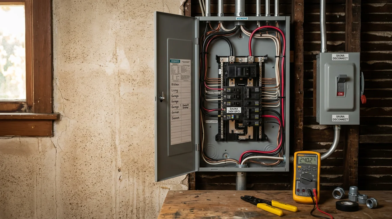 A residential electrical panel in a Berkeley, CA home with a newly installed dedicated 240-volt double-pole breaker for a sauna heater circuit. A hardwired sauna disconnect switch is mounted on an interior wall near the sauna installation.