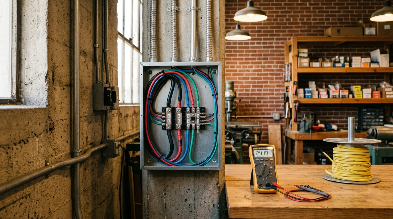 An electrician installing a dedicated 240-volt circuit for specialty workshop equipment in a Berkeley, CA property. The image shows conduit routing and a properly wired breaker connection inside an electrical panel.