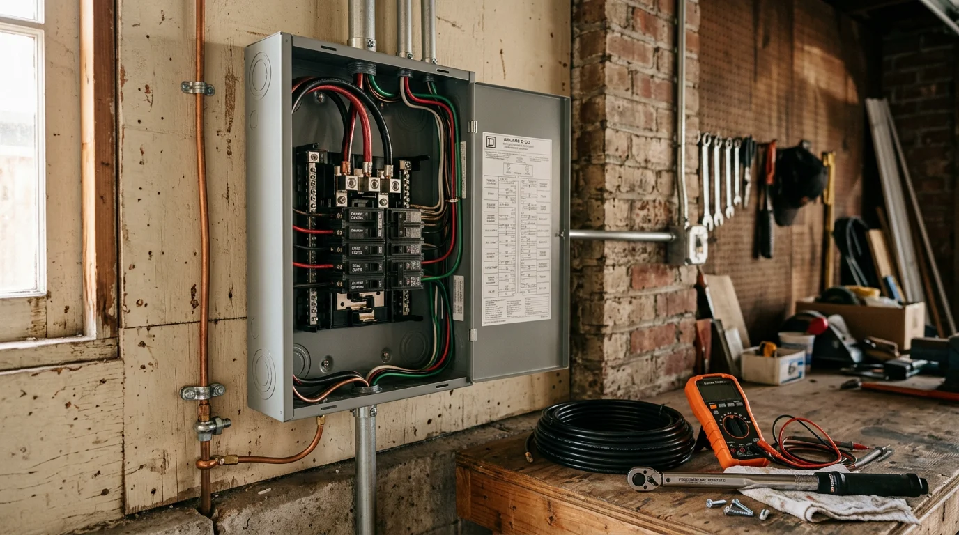 A newly installed electrical subpanel mounted on the interior wall of a Berkeley, CA garage, with clearly labeled breakers and clean feeder wiring running from the main panel. The panel door is open, showing organized circuits ready for a workshop or EV charger setup.